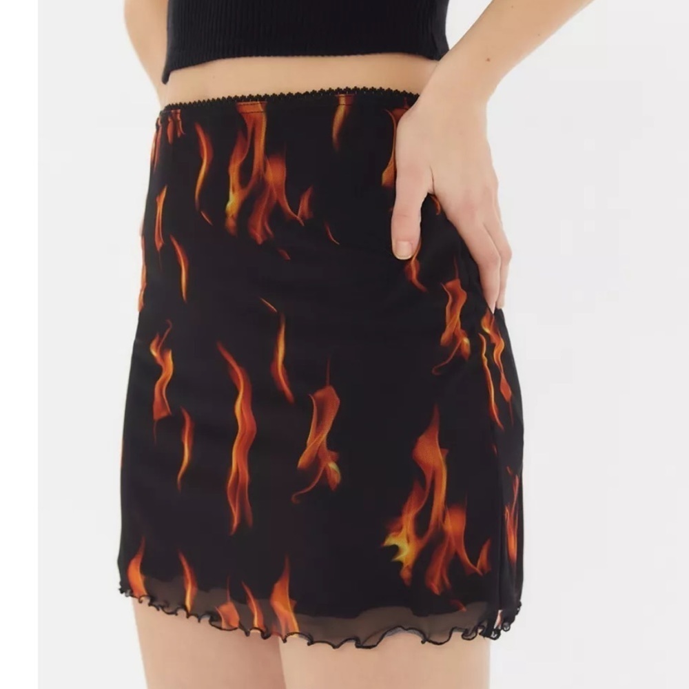 Urban Outfitters Printed Flame Mesh Mini Skirt Lined Black and Red Medium *D